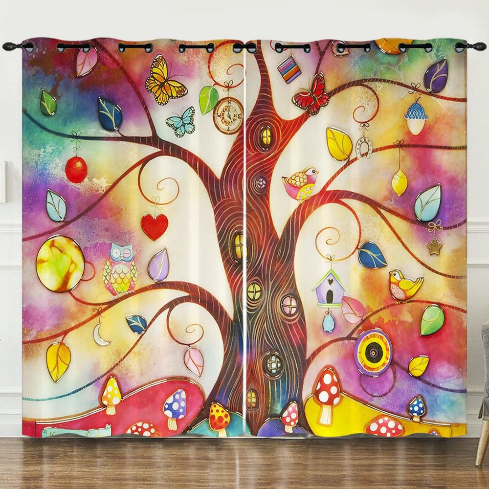 Curtain Wish Tree Owl 3D Digital Printing Blackout Curtain Punching