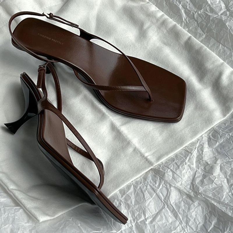 Sheepskin Version~ Genuine Leather One-word Cat Heel Sandals Women's Summer Foot Pinching Herringbone Cool Slippers High-heeled Sandals