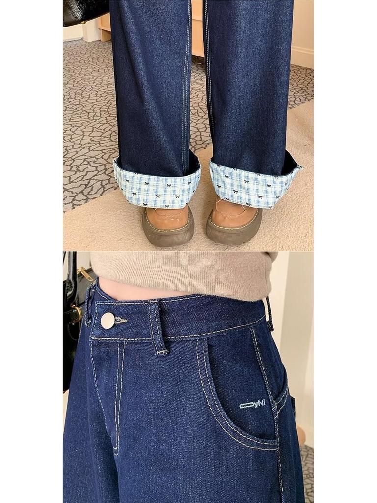 Retro Plaid High-Waisted Wide-Leg Bow Patchwork Jeans for Women