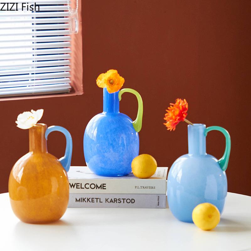 Single Handle Colorful Glass Vase Hydroponic Plant Pot Table Decoration Flower Arrangement Floral Vases Room Aesthetic Decor