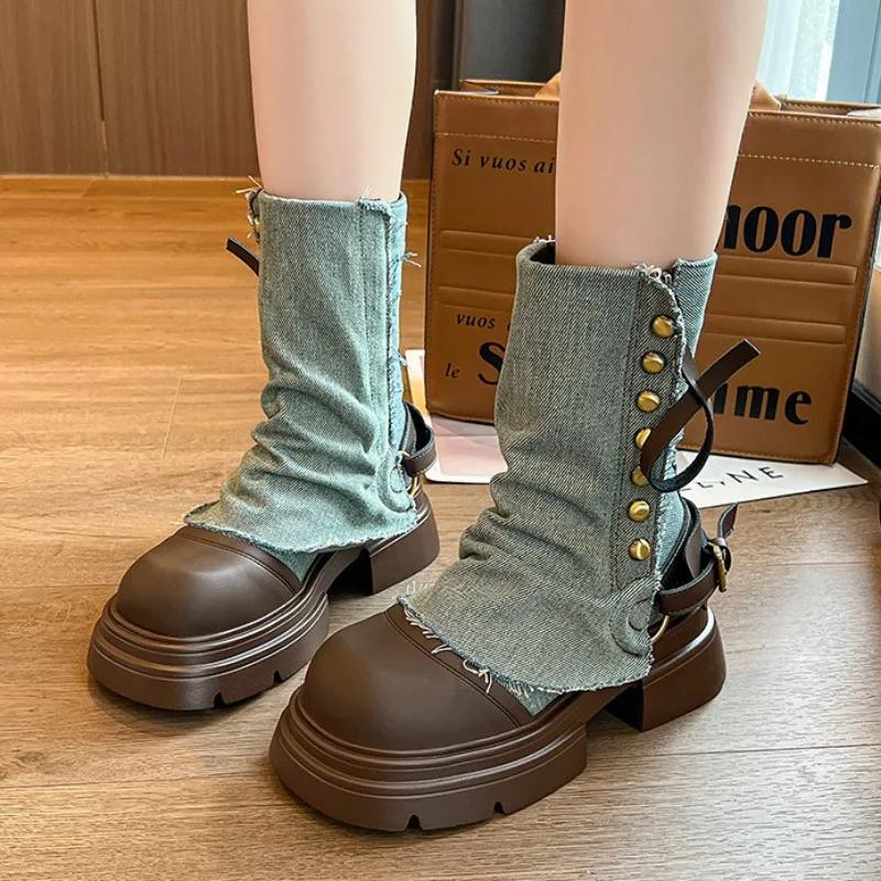 Fashion Metal-decorated Platform Boots for Women Casual Soft-soled Belt Jeans Designer Ankle Boots Ladies Spring Autumn Shoes Female