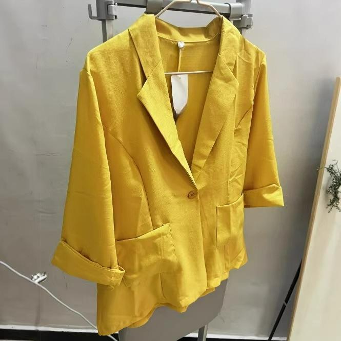 Хлопково-льняной пиджак средней длины большого размера, свободный, повседневный, модный, маленький костюм, женская осенняя одежда S жёлтый