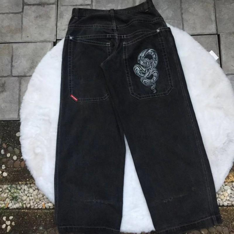 Mens Relaxed Fit Straight Leg Denim Pants With Vintage Embroidery Print Hip Hop Streetwear Harajuku Style