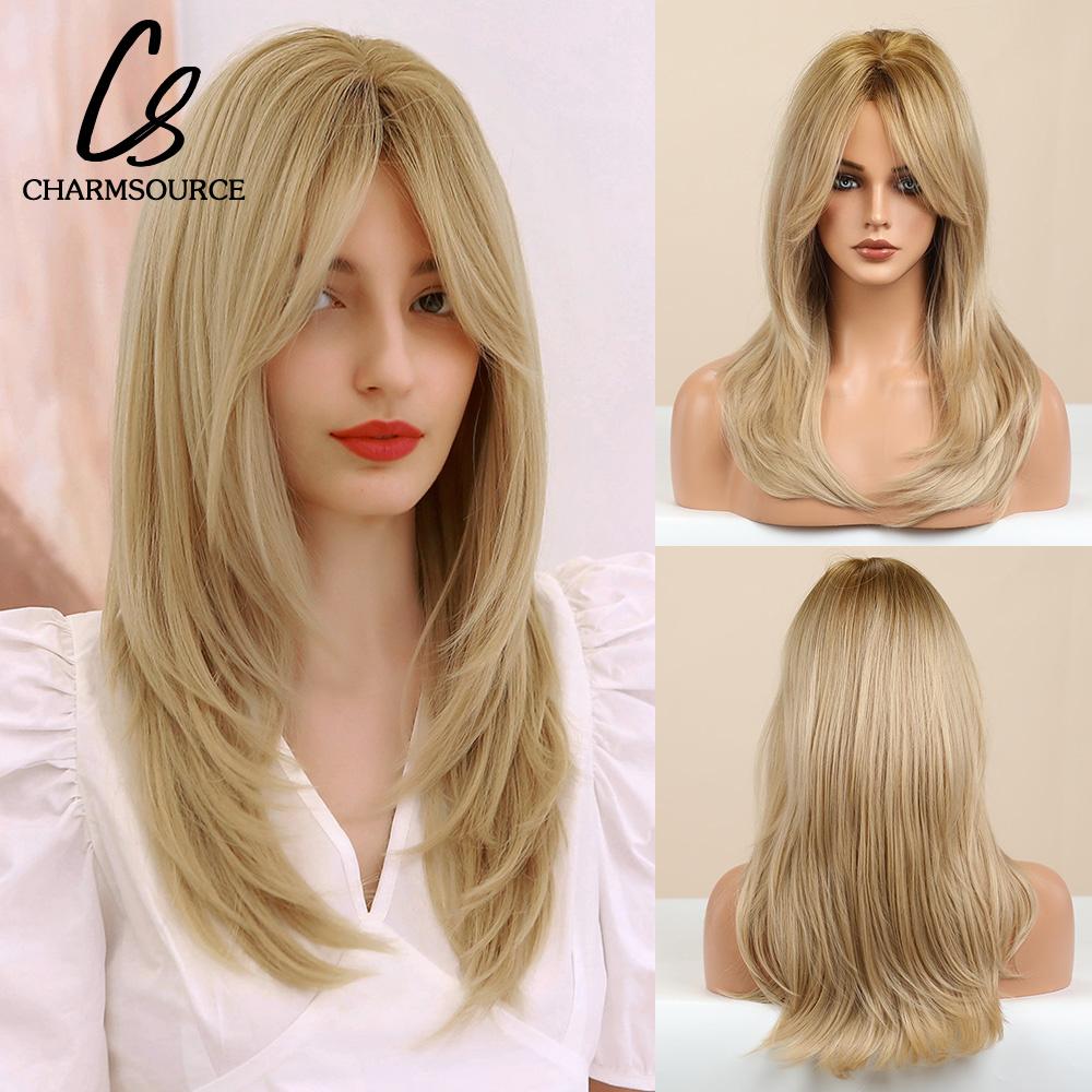 Natural Wavy Blonde Synthetic Wigs Medium Length Layered Hair with Side Bangs for Women Daily Party Cosplay Heat Resistant Fiber