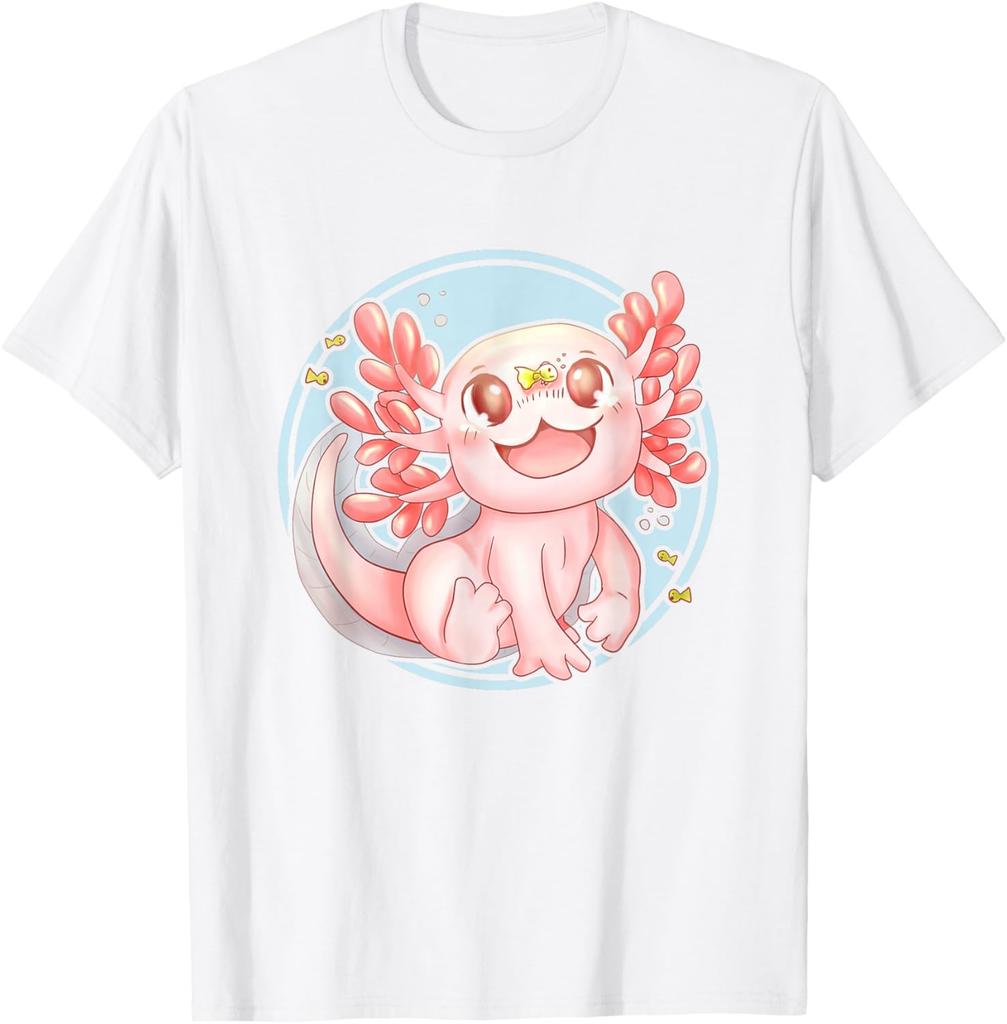 Kawaii Axolotl Cute Pink Amphibian Graphic Tee Soft Cotton Casual Crew Neck T-Shirt for Men