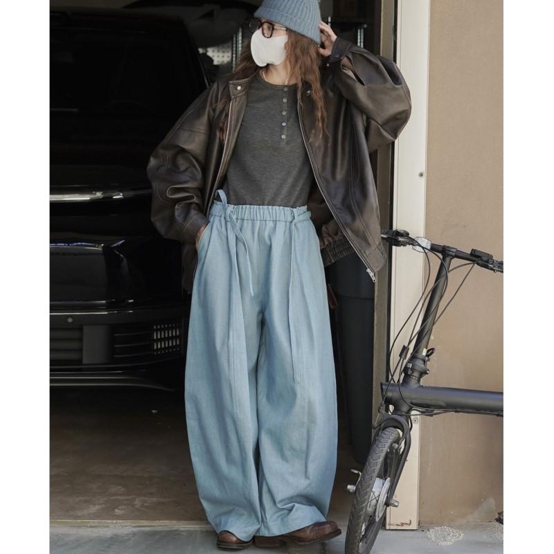 Johnature Winter Korean Style Retro Simple Elastic Waist Fleece Casual Wide-Leg Pants For Women Fashion Full Length Pants