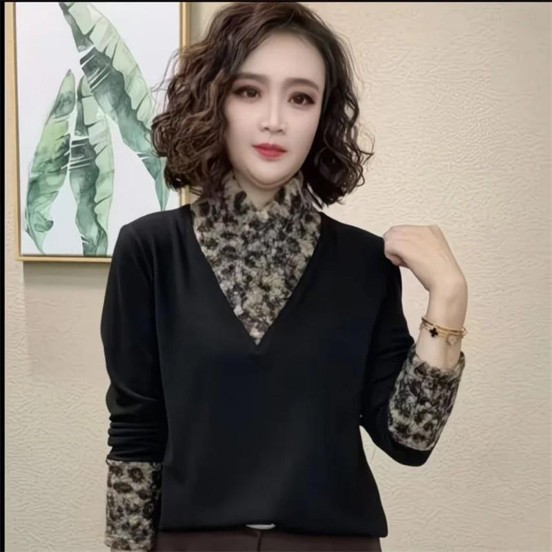 

Elegant Color Block Long Sleeve Two-Piece Top for Women - Flattering for Middle-Aged and Elderly Moms L (suggested for 45-55 kg) чёрный