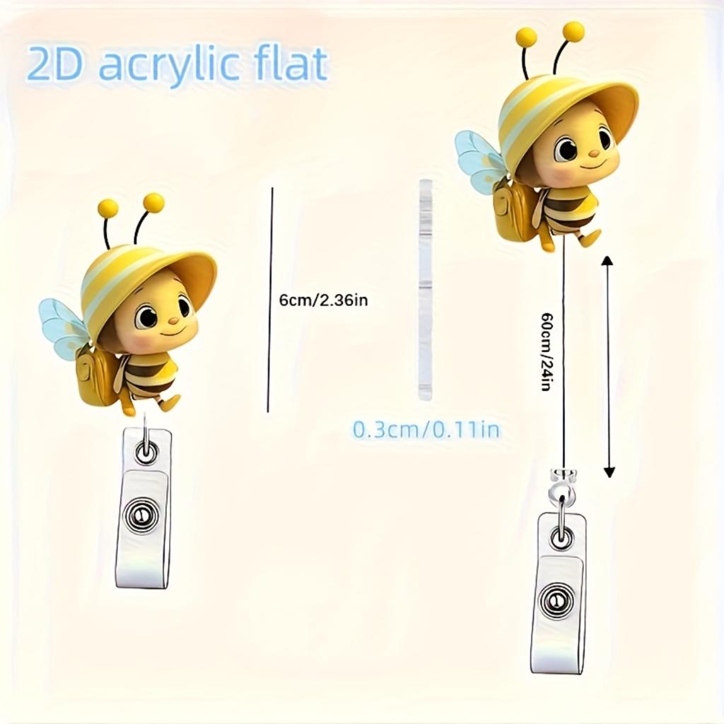 2D Flat Acrylic Cute Bee Backpack Retractable Badge Reel Clip, Durable ID Holder For Registered Doctors Student Nurses Clinical Workplace Staff