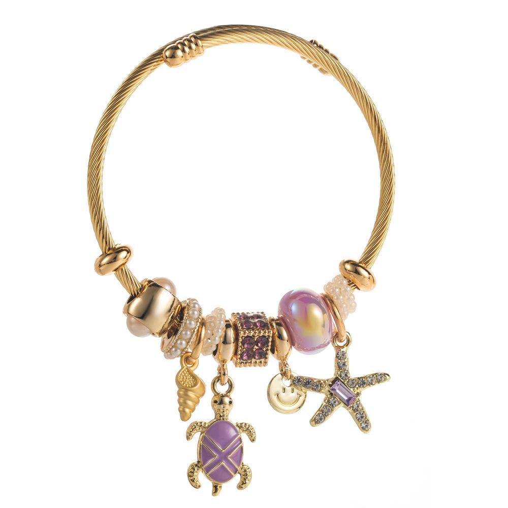 Women's Fashion Bangle Ocean Series Turtle Starfish Pendant With Big Hole Crystal Bead Bangle 14K Gold Plating Charm Bangle