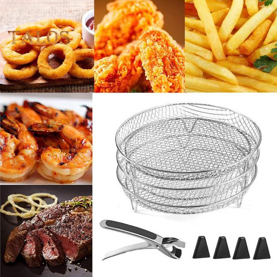 3-Layer Square Round Rectangle Air Fryer Rack Set Stainless Steel Dehydrator Rack with 4 Silicone Feet Anti-Scald Clip Stackable Air Fryer