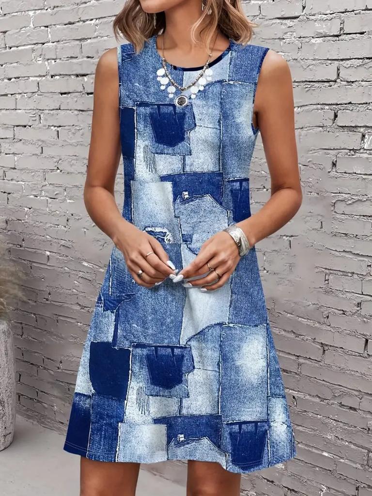 Summer Simple Geometric Floral 3D Print Sleeveless Vest Dress Spring And Summer Vacation Style Dress For Women