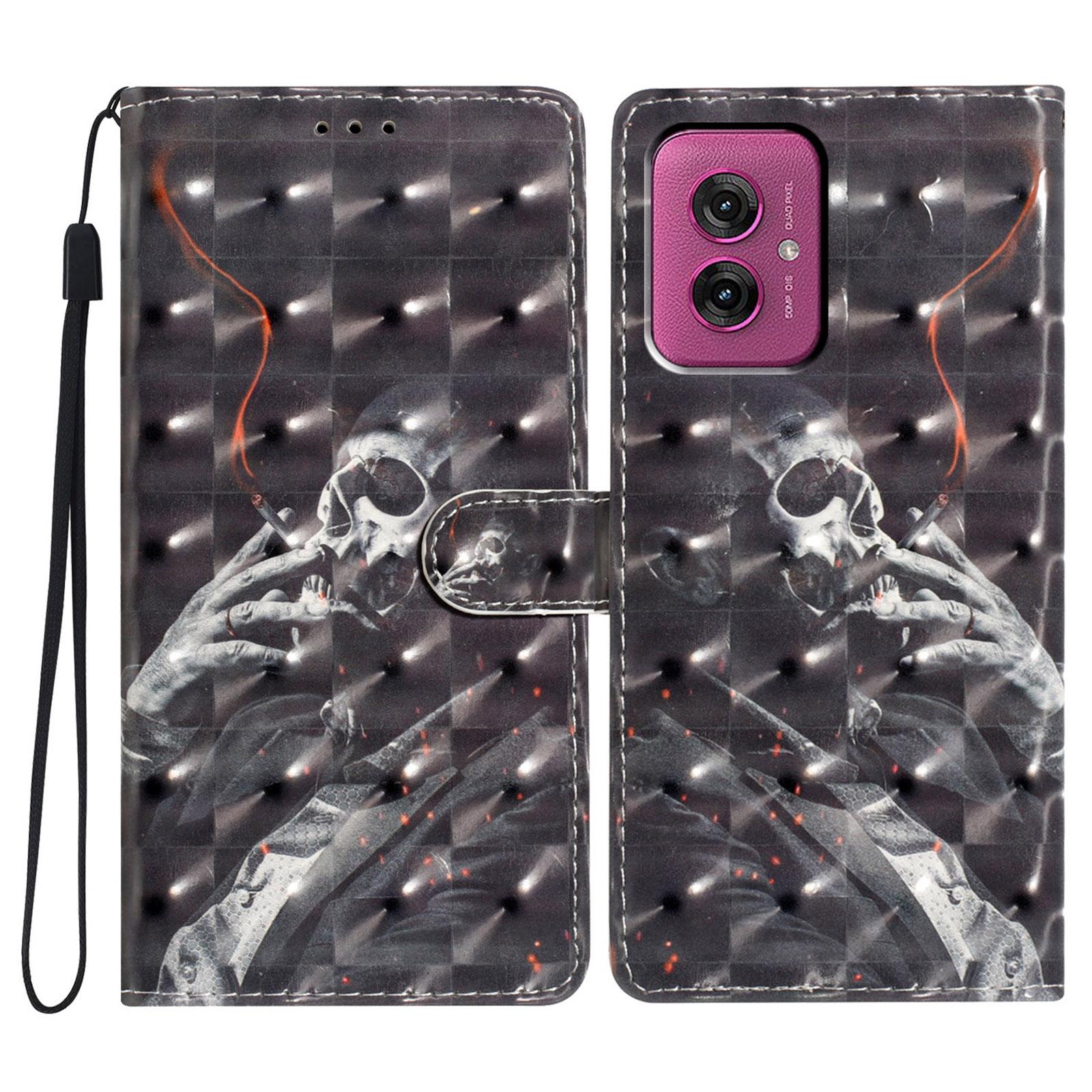 

For Motorola Moto G55 5G Case PU Leather Wallet Phone Cover 3D Pattern Printing Smoking Skeleton