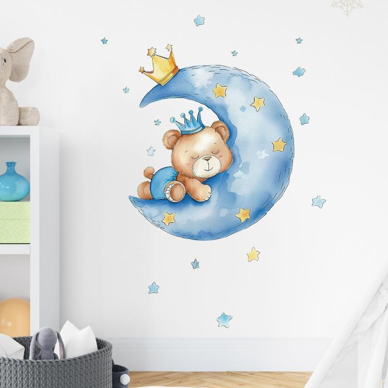 Moon Star Sleeping Bear Children's Room Sticker Living Room Bedroom Decoration Self-Adhesive Wall Sticker