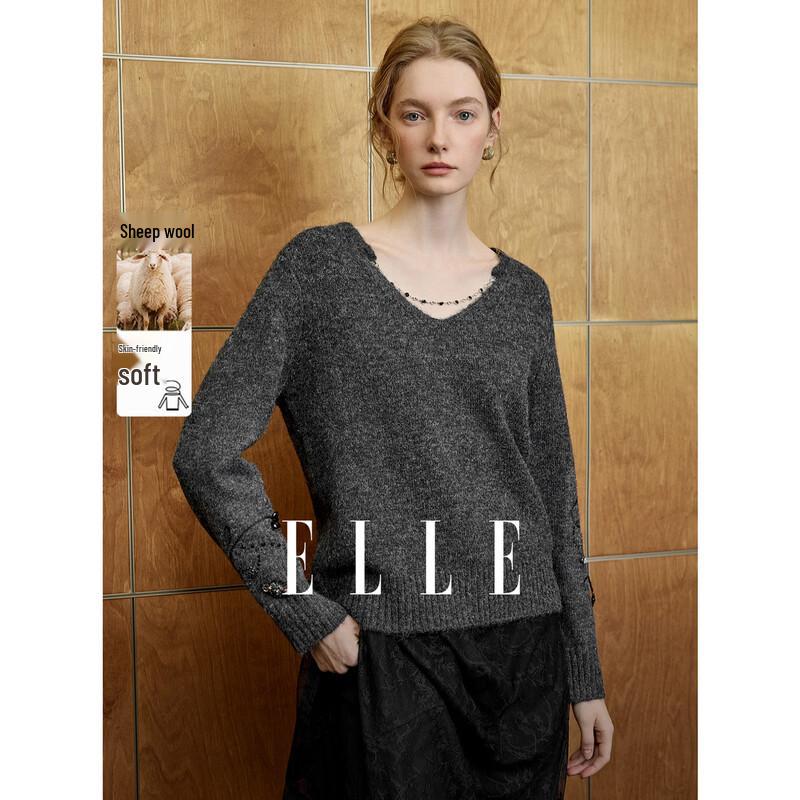 ELLE Grey Studded V-Neck Sweater S