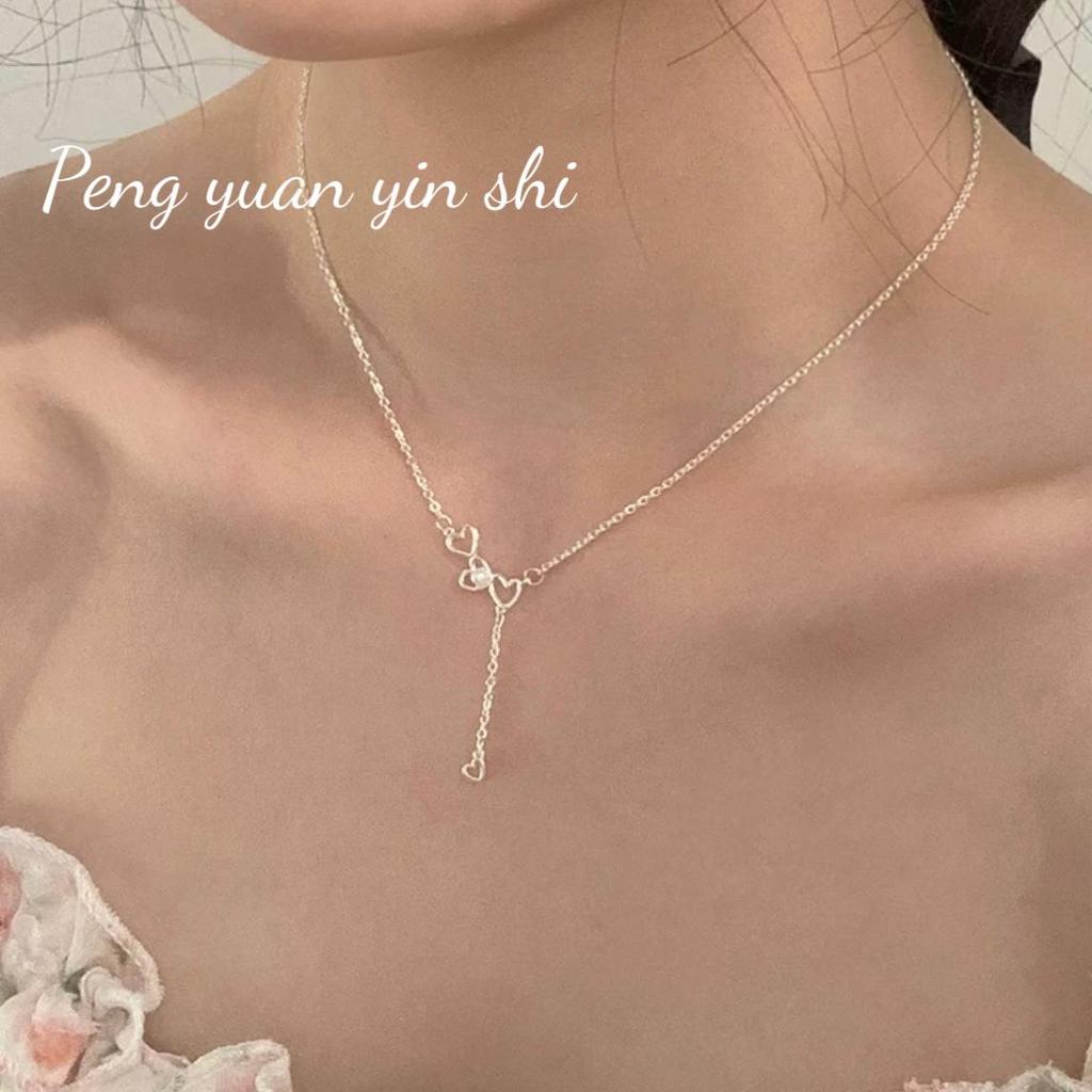 Sterling Silver S925 Heart-to-Heart Pearl Tassel Necklace, for Women - Sweet, High-End Clavicle Chain Design