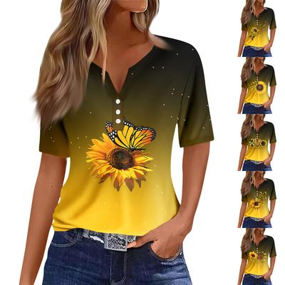 Women's Casual Printed V-neck Short Sleeved Decorative Button T-shirt Top