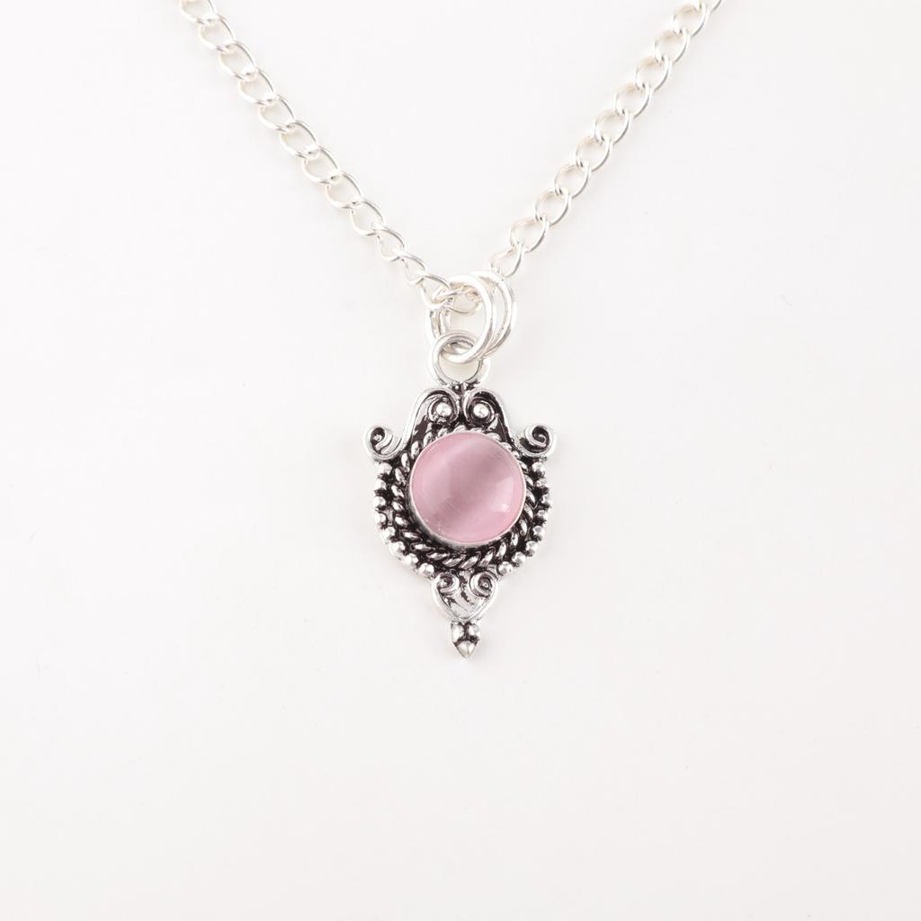 Natural Pink Cat's Eye Gemstone 925 Solid Silver Jewelry Handmade Chain Pendant PP-39-46