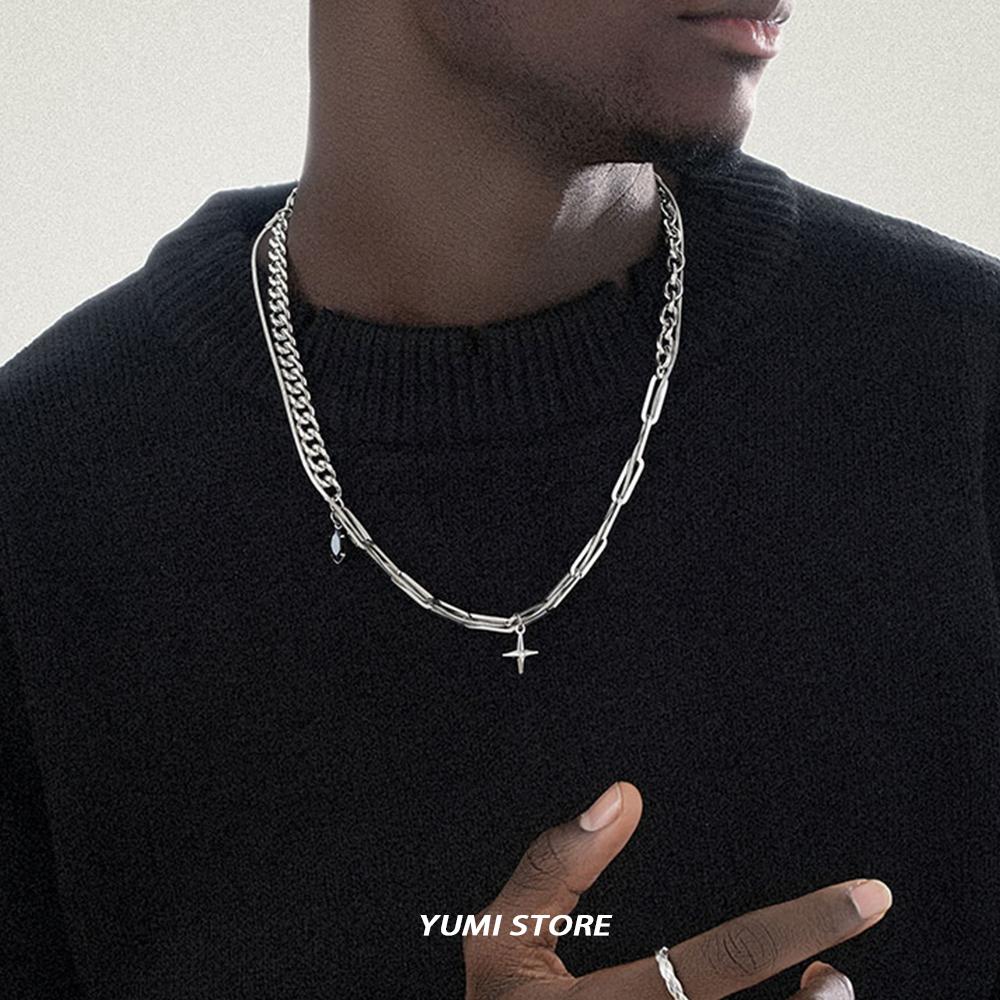 Unisex Punk Hop Hip Cross Star Pendant Necklace Titanium Steel Clavicle Chain Luxury Choker for Man Woman