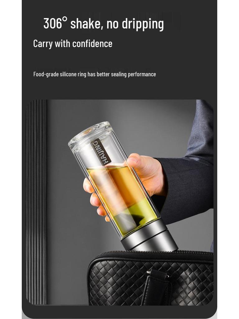 Portable Double-Layer Glass Tea Cup with One-Touch Lid – Unisex Business Gift