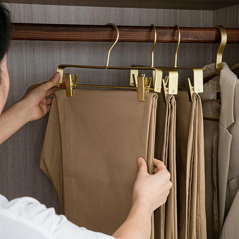 5pc Aluminum Alloy Pants Hangers,Gold/Sliver Metal Clothes Skirt Hanger with Two Adjustable Non Slip Clips,Wardrobe Storage Rack