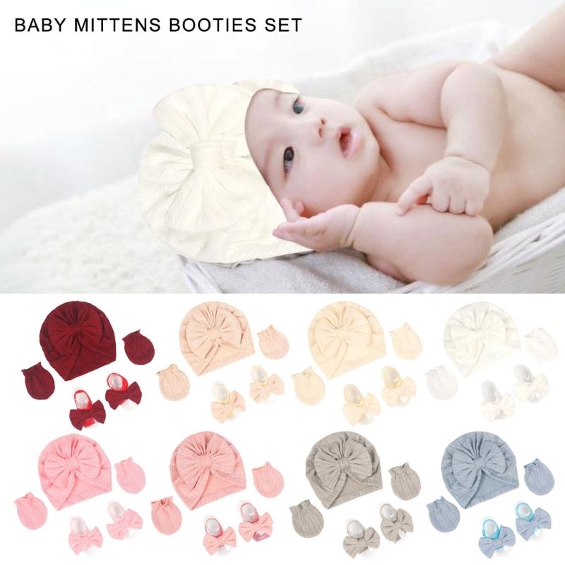 Baby Turban Hat Hospital Nursery Hat with Gloves & Feet Bowknot Newborns Soft Bonnet Caps Set for Baby 0-3 Month