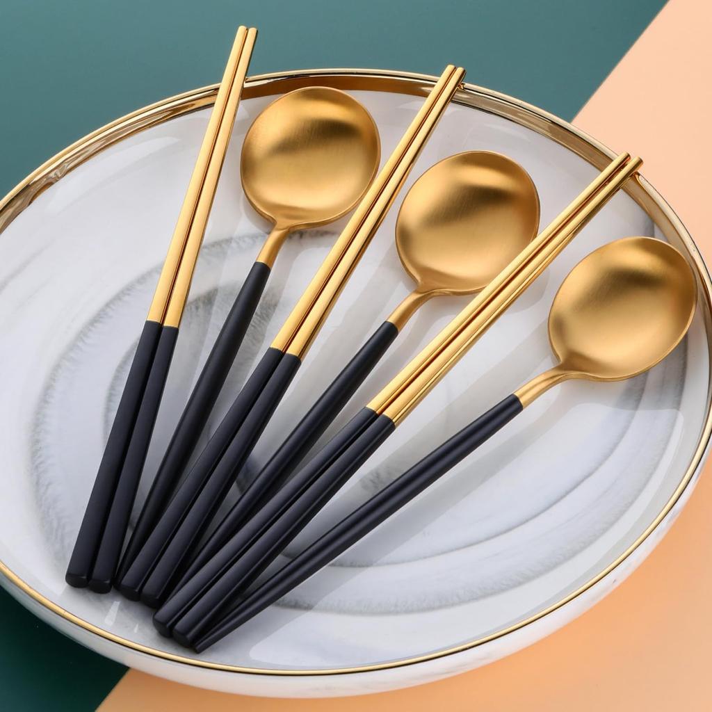 Reusable Chopstick and Spoon Set,Stainless Steel Korean Spoons Chopsticks,Metal Chopsticks Spoons Set of 3 Dinnerware For Home or Restaurant,Black