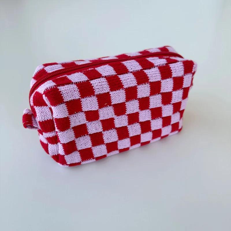 Colorful Checkerboard Plush Clutch Makeup Bag Large Capacity Cosmetic Storage Bag Skincare Organizer Toiletries Bag