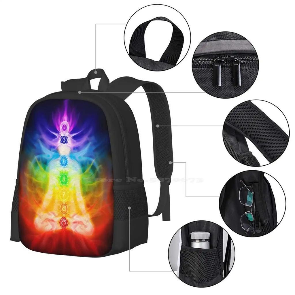 Chakras And Energy Flow On Human Body Art Photo Print Teen College Student Backpack Pattern Design Bags Chakras Yoga Lotus