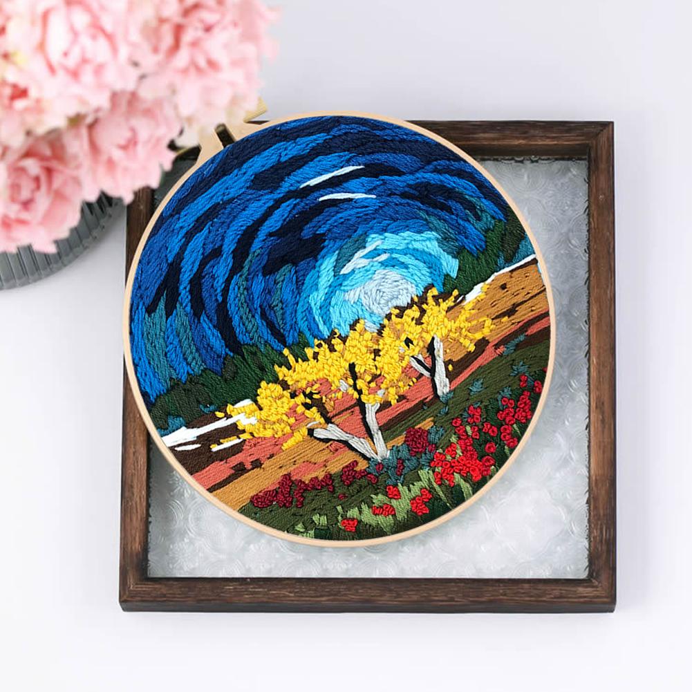 Flowers Stamped Cross Stitch Embroidery Kits with Hoop Cloth Color Thread