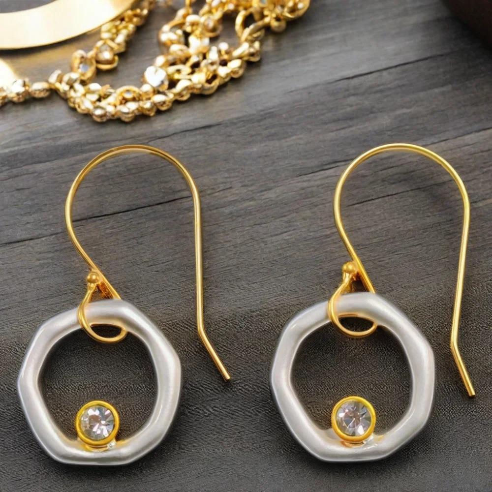Minimalist Irregular Hollow Circle Zircon Inlay Two-color Dangle Earrings Gold Color Women Daily Wear Fashion Retro Jewelry Gift