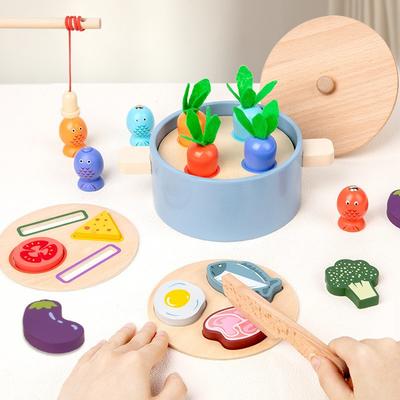 Wooden Kids Simulation Play House Cooking Kitchen Set Parent-Child Educational Fishing Vegetables Multifunctional Interactive Toys