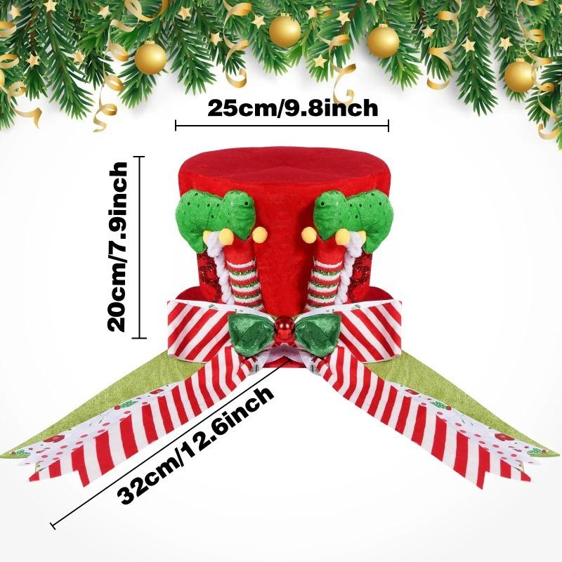 Christmas Tree Topper Hat with Red Green Foldable Bow Ribbon Vintage Holiday Home Decoration Durable Xmas Ornament with Red Bow