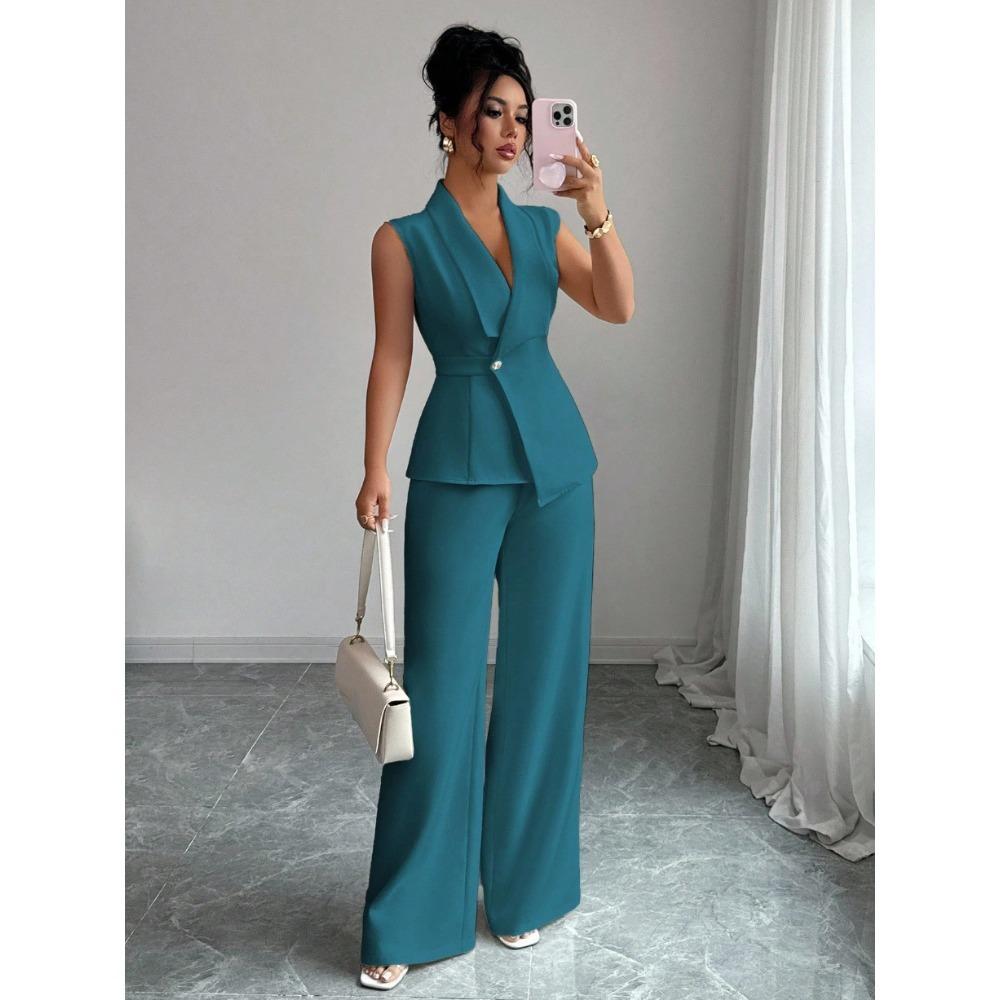Women's Relaxed Fit Two Piece Pantsuit Sleeveless Blazer Top High Waist Wide Leg Trousers Solid Color Elegant Commuter Matching Outfit