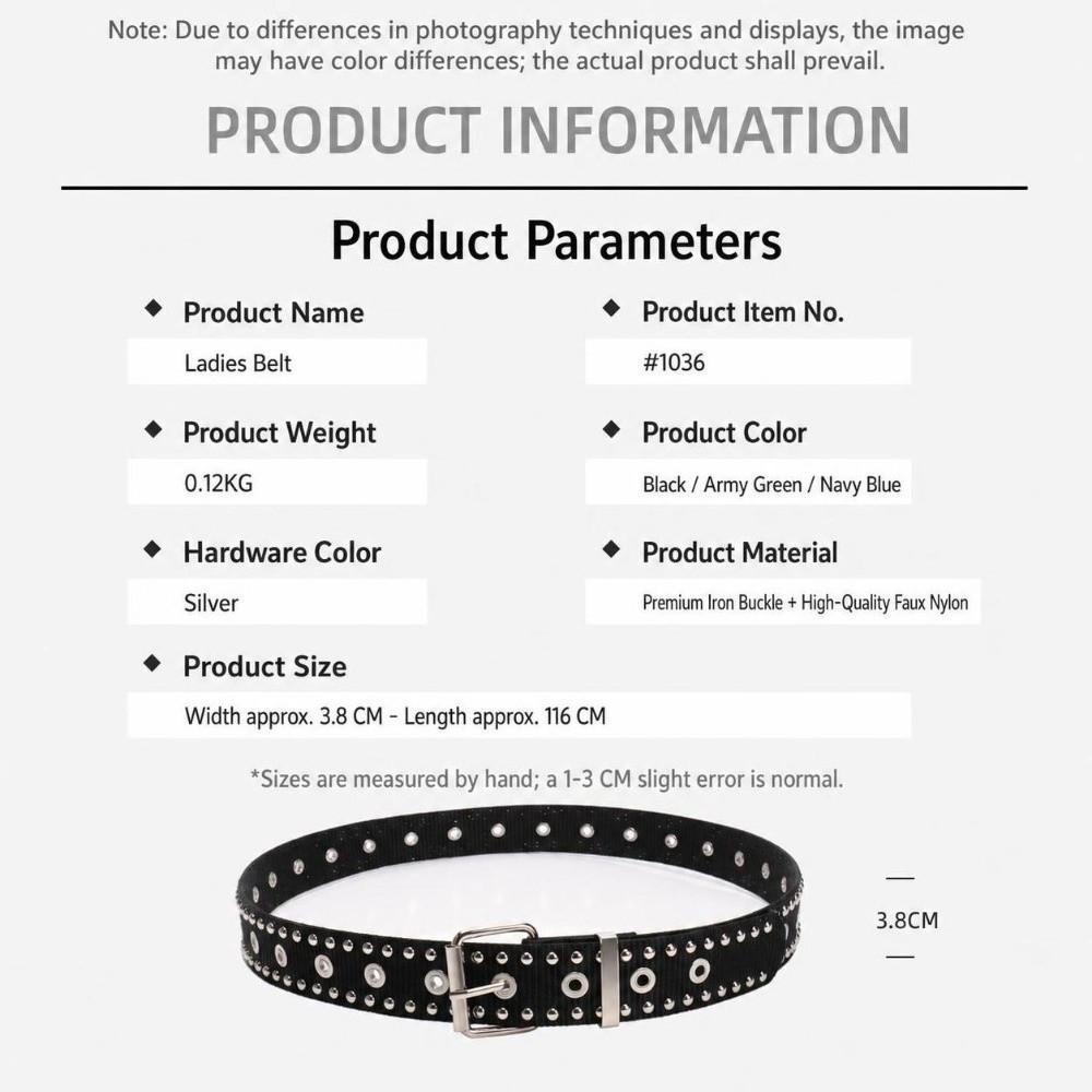 Adjustable Metal Buckle Nylon Waist Belt Full Metal Eyelet Eyelet Belt  Street Fashion