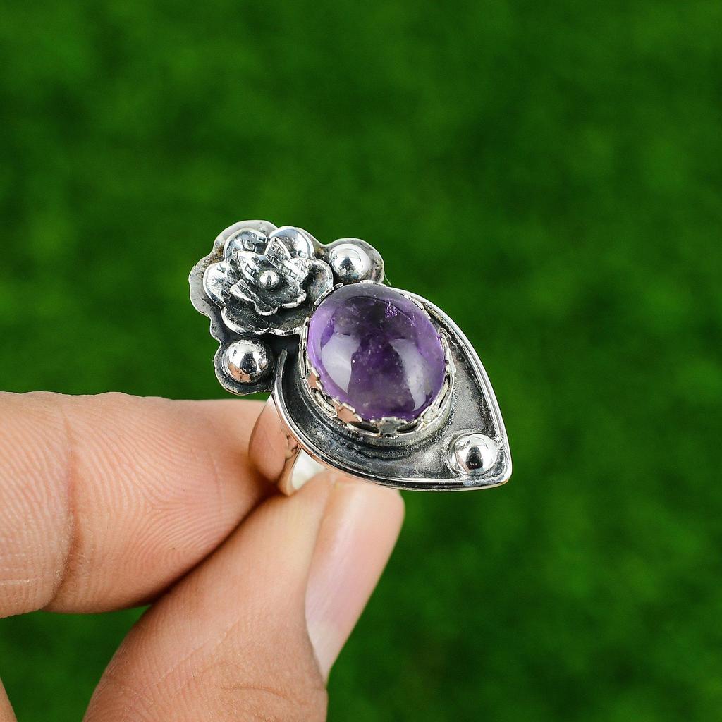 Natural African Amethyst 925 Silver Promise Flower Adjustable Ring For Girls