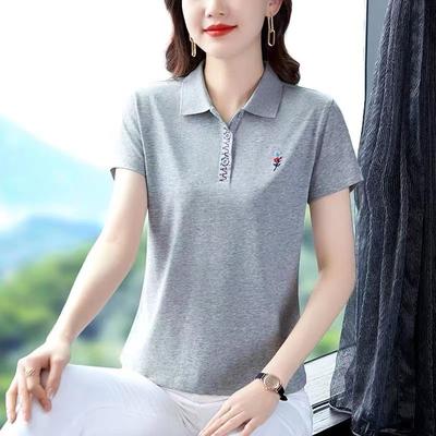 Odzież damska Nowa letnia koreańska moda Haft Luźne T-shirty Krótki rękaw Kołnierzyk polo Koszulki Damskie Codzienne Jednolite Topki