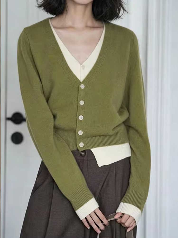 Elegant V Neck Patchwork Sweater Women Long Sleeve Knit Cardigan Jackets Casual Fake Two-Piece Short Coats Outwear Solid Color Soft Retro Sweaters