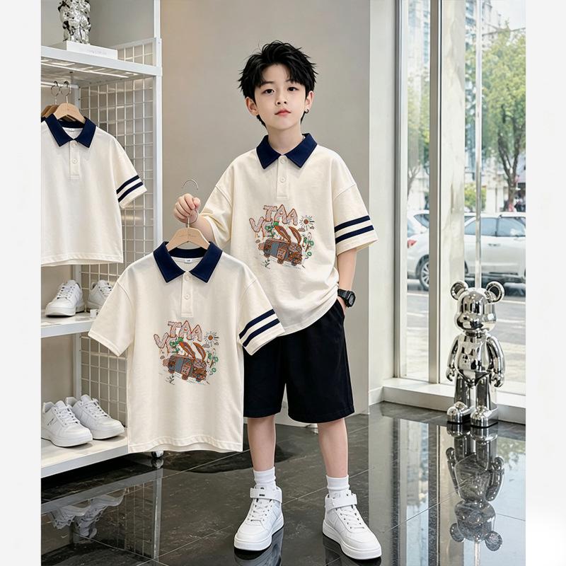 Boys' Cotton Polo T-Shirt Set - Summer 2026, Letter Color Block, Short-Sleeved, for Older Kids