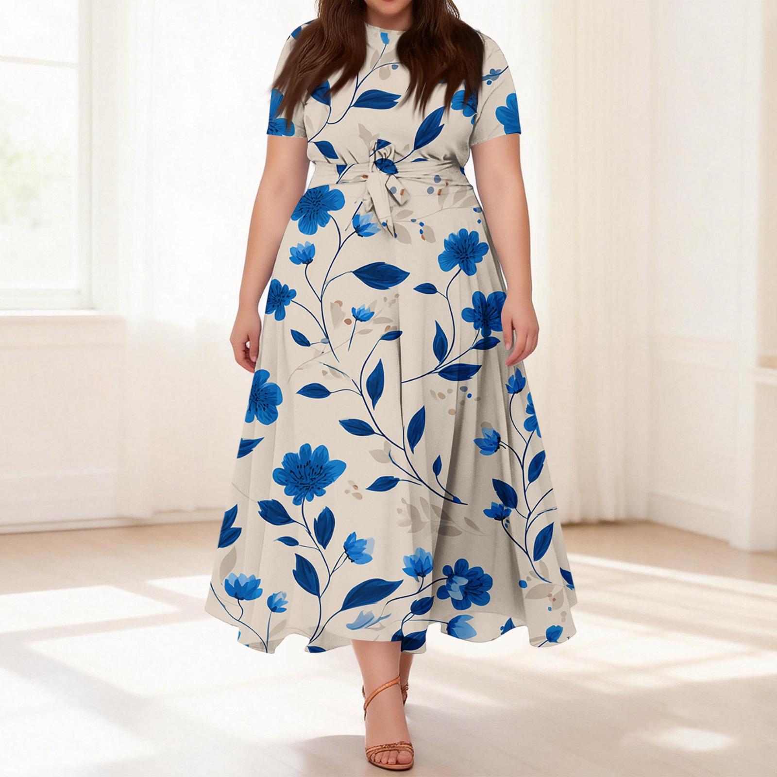 Women s Casual Fashion Plus Size Retro Floral Print Round Neck Short Sleeve Pocket Tie-Waist Dress L бежевый