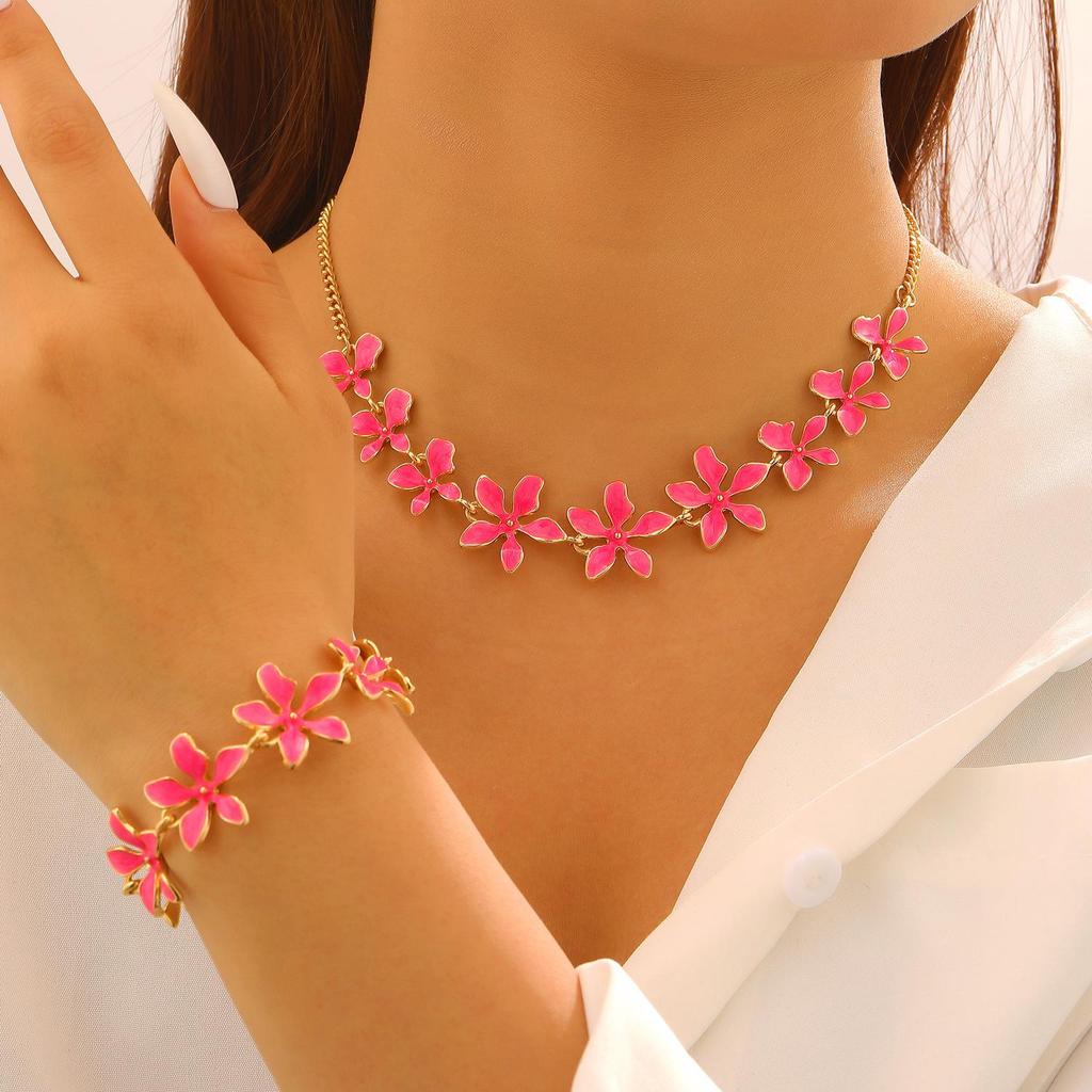 Colorful Geometric Enamel Flower Necklace & Bracelet Set for Women