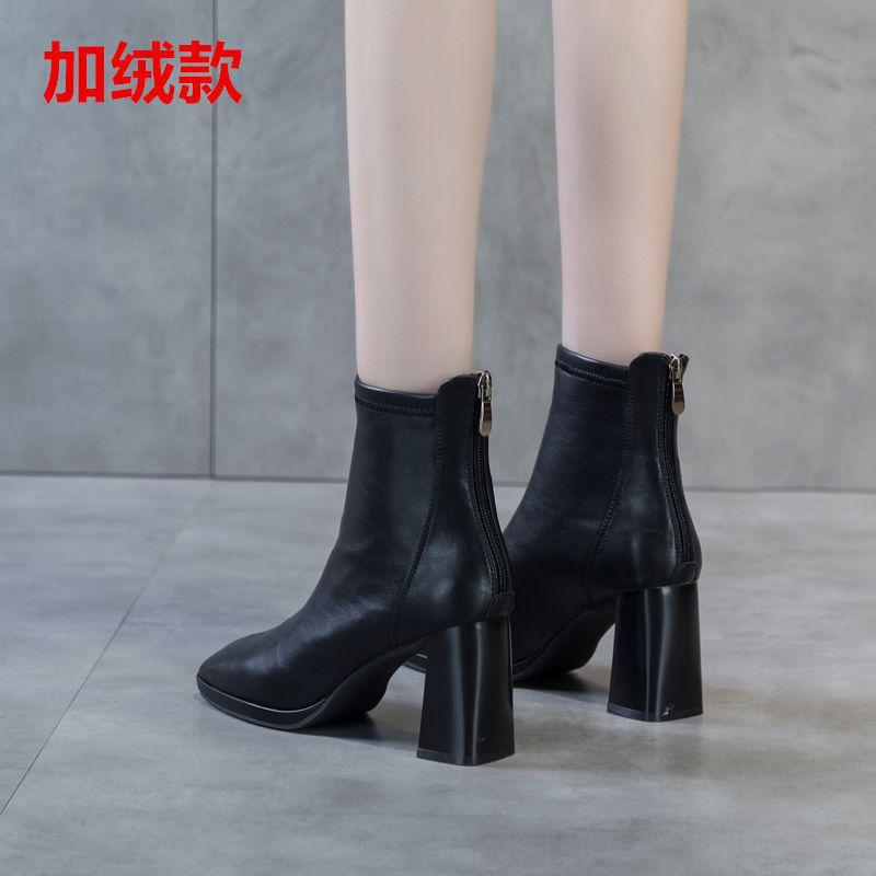 2025 Autumn and Winter New Soft Leather Short Boots British Style Square Head Thick Heel Elastic Thin Boots Female Internet Celebrity High Heel Women'