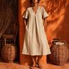 Women's Casual V Neck Midi Dress Short Sleeve Loose Fit Minimalist Mid Length Dress with Pockets Lightweight Comfortable Fabric