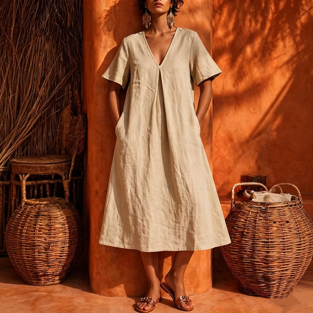 Women's Casual V Neck Midi Dress Short Sleeve Loose Fit Minimalist Mid Length Dress with Pockets Lightweight Comfortable Fabric