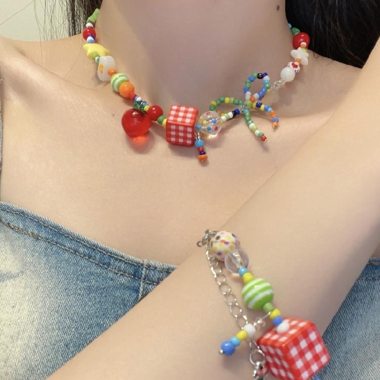 Handmade Colorful Necklace/Bracelet Fashionable Choker with Dainty Bowknot and Star Pendant Rainbow Beaded Jewelry