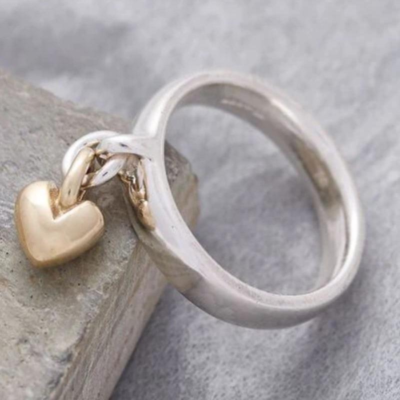 Vintage Silver Color Rings for Women Trendy Inlaid with Gold Heart Round Personalized Creativity Party Rings Jewelry