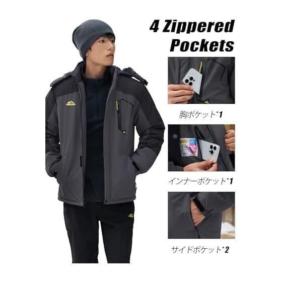 [KEFITEVD] Mountain Parka Men's Windproof Cold Protection Boa Lining Windbreaker Water Repellent Mountain Climbing Jacket Outdoor Camping Fishing Ski
