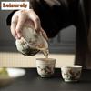 Retro Plant Ash Travel Tea Set Handmade Daffodil Tracing Silver Cover Bowl Tea Brewing Kit Outdoor Camping Portable Leath Bag