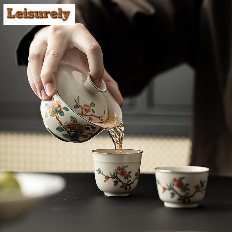 Retro Plant Ash Travel Tea Set Handmade Daffodil Tracing Silver Cover Bowl Tea Brewing Kit Outdoor Camping Portable Leath Bag