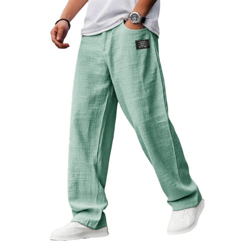 Mens Casual Linen Elastic Waist Loose Straight Long Pants