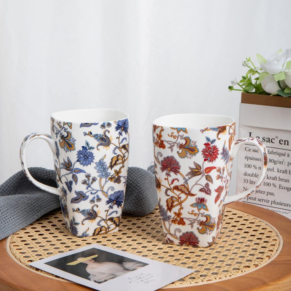 Bone China Floral Mug 610ml Large Capacity Tall Coffee Cup for Home Office Gift